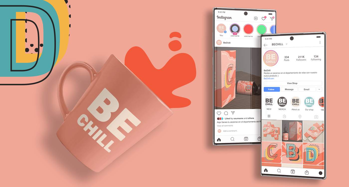 Expansión de la imagen de marca BE CHILL en redes sociales y merchandising como una taza